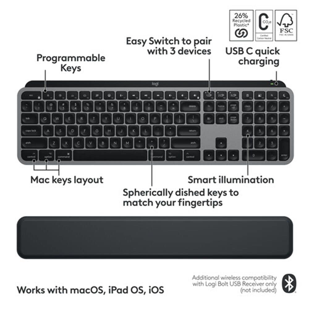 Logitech MX Keys S Keyboard and Mouse with Palm Rest Combo for MAC in Space Grey, , large