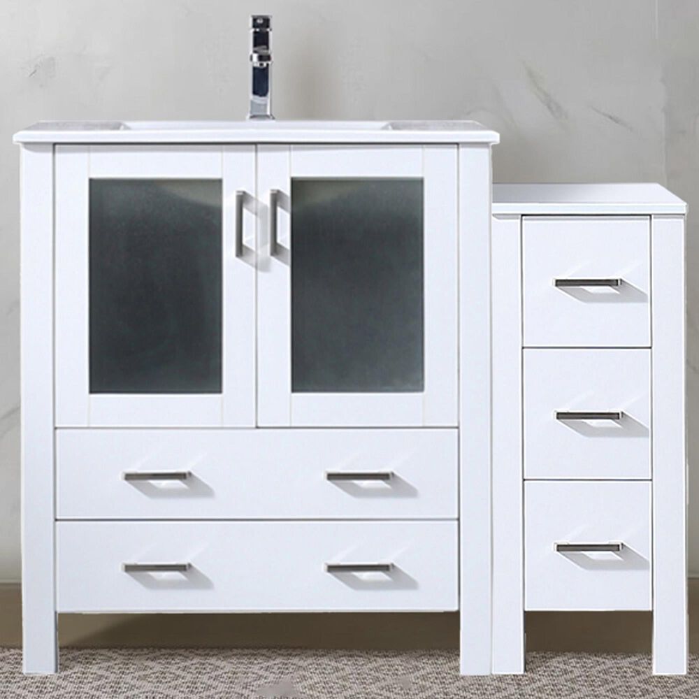 Lexora Home Volez 42" Single Bathroom Vanity in White with 2 cm White Ceramic Top, Rectangular Sink and Side Cabinet, , large