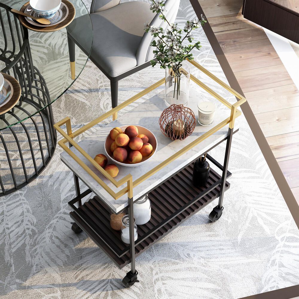 Furniture of America Stapleton Bar Serving Cart in Black, Gold, White and Walnut, , large