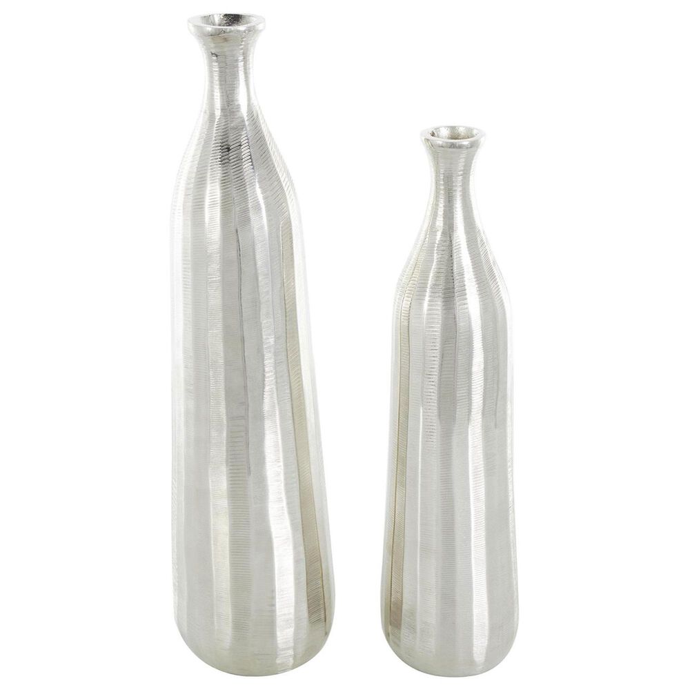 Maple and Jade 2-Piece Decorative Vase Set with Wavy Accents and Textured Ridges in Shiny Silver, , large