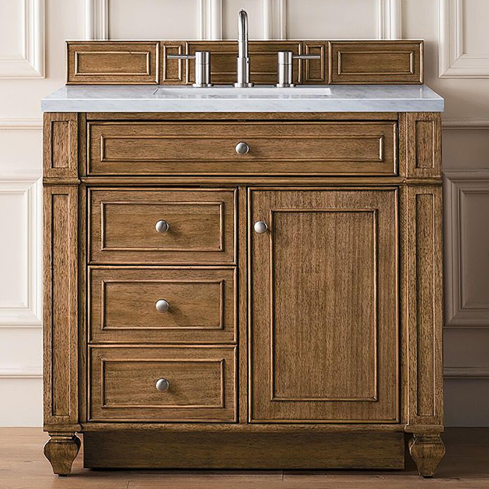 James Martin Vanities Bristol 36&quot; Single Bathroom Vanity in Saddle Brown with 3 cm Eternal Jasmine Pearl Quartz Top and Rectangular Sink, , large