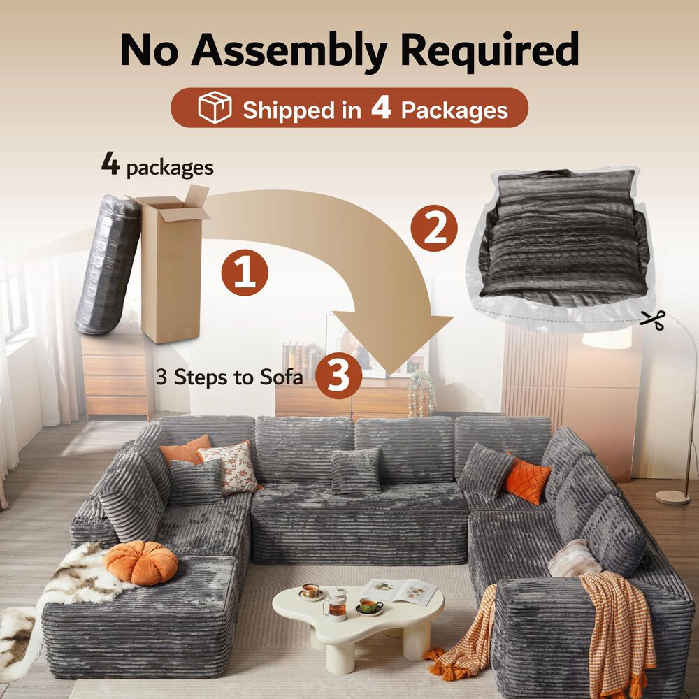 HOMLUX Modular Floor Sofa with Plush Corduroy, Big Comfy U-Shaped Sectional Couch in Gray, , large