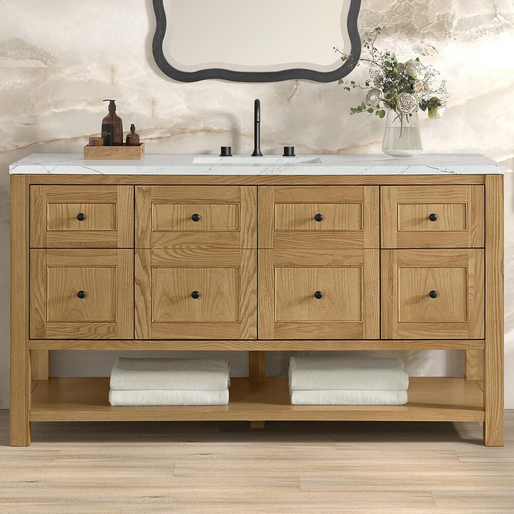 James Martin Vanities Breckenridge 60&quot; Single Bathroom Vanity in Light Natural Oak with 3 cm Ethereal Noctis Quartz Top and Rectangular Sink, , large