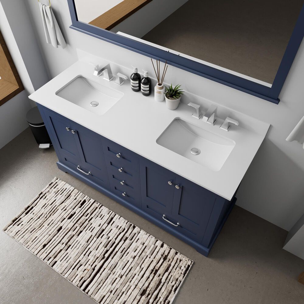 Lexora Home Dukes 60" Double Bathroom Vanity in Navy Blue with 2 cm White Cultured Marble Top and Rectangular Sinks, , large