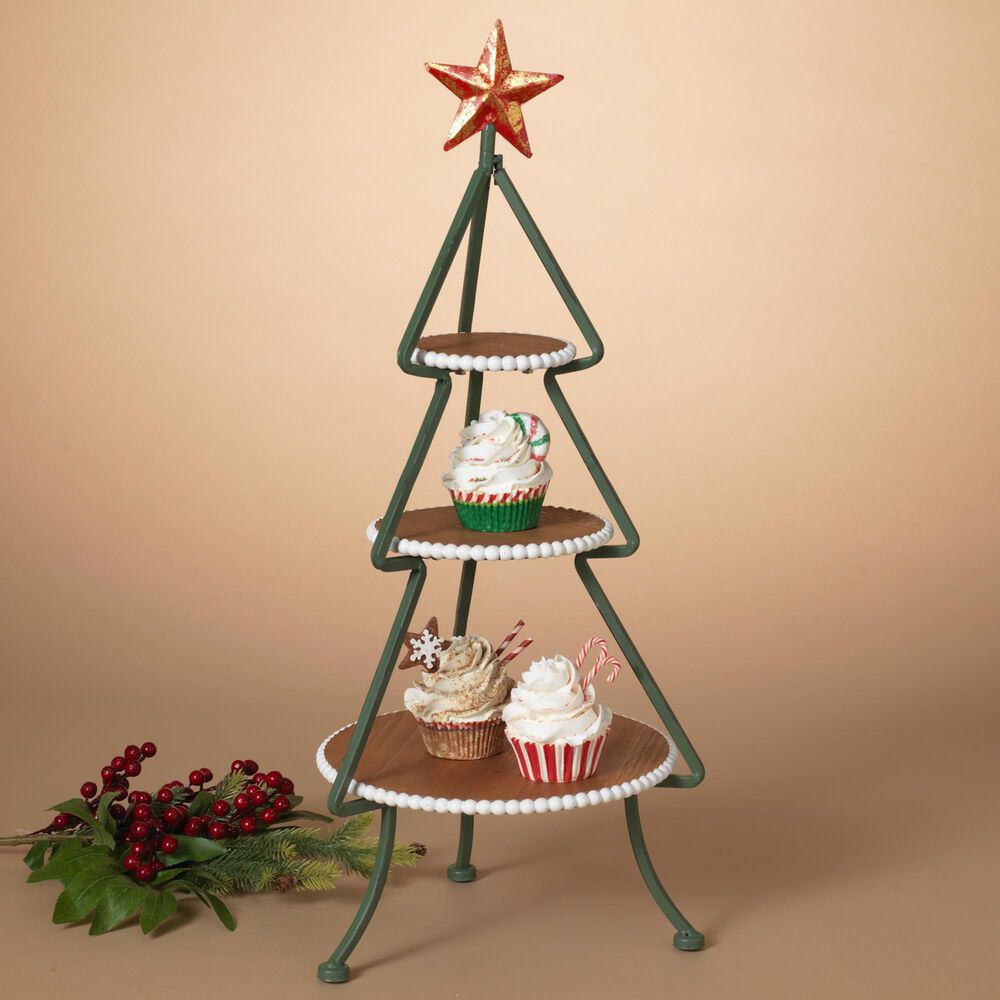 The Gerson Company 25.5&quot; Metal and Wood Tree with 3-Tiered Tray in Silver and Green, , large