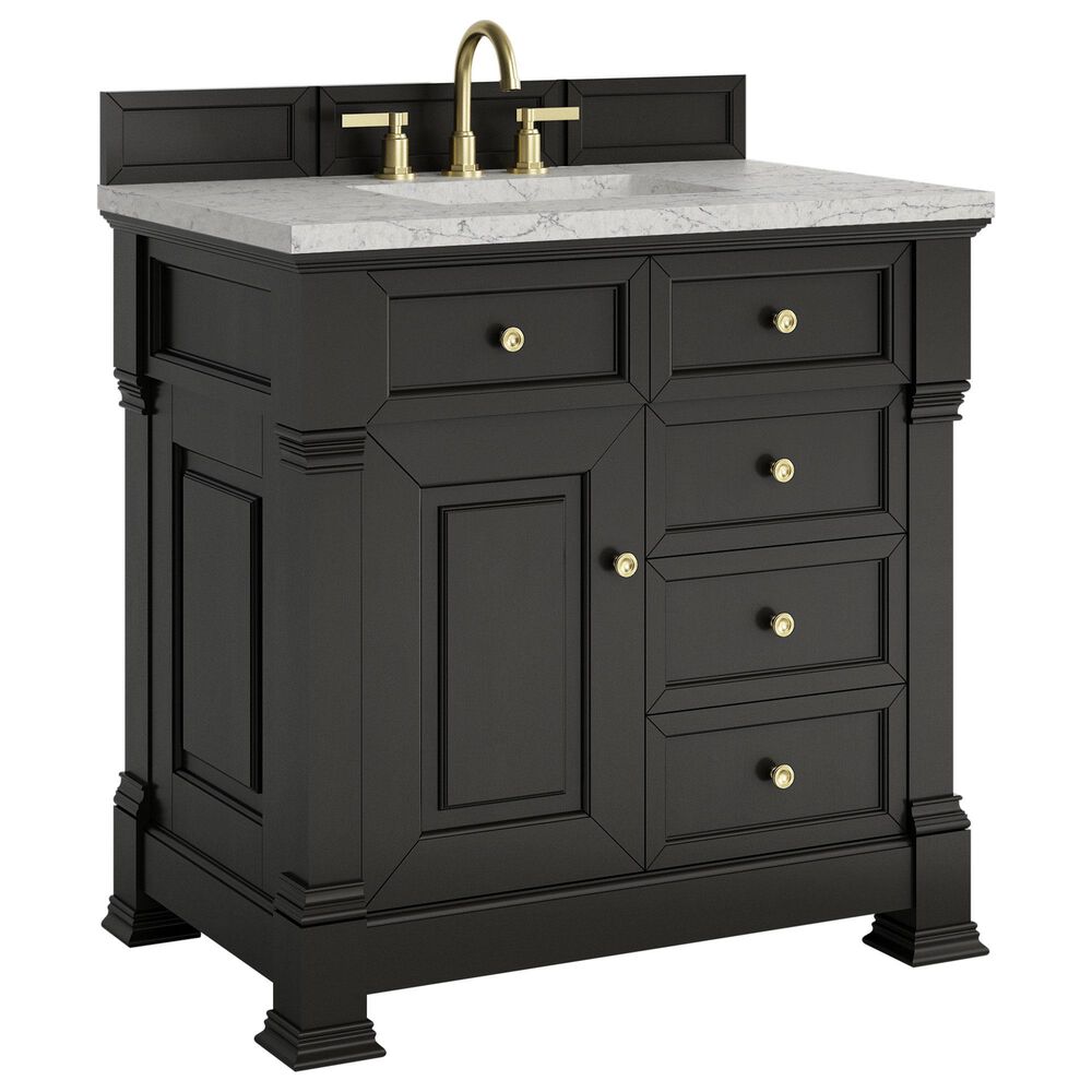 James Martin Vanities Brookfield 36" Single Bathroom Vanity in Black Onyx with 3 cm Eternal Jasmine Pearl Quartz Top and Rectangular Sink, , large