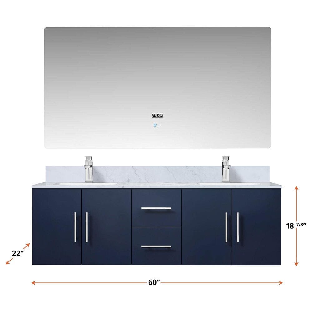 Lexora Home Geneva 60&quot; Double Bathroom Vanity in Navy Blue with 2 cm White Carrara Marble Top and Rectangular Sinks, , large