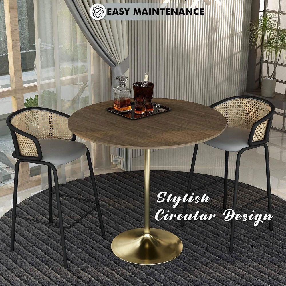 Leisuremod LeisureMod Verve Collection Modern Bar Height Table Brushed Gold Base with 48 Round Dark Walnut MDF Top, , large
