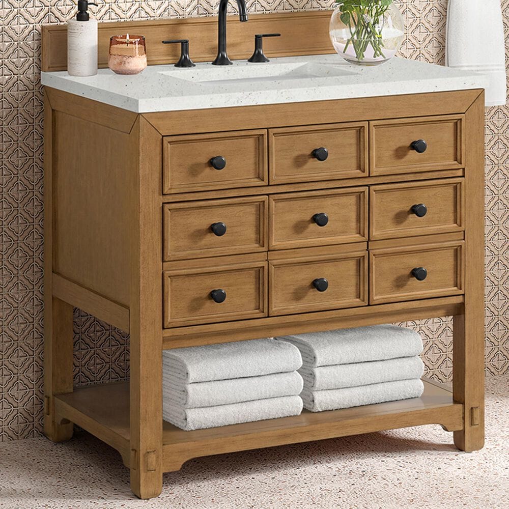 James Martin Malibu 36&quot; Single Bathroom Vanity in Amber Birch with 3 cm Lime Delight Quartz Top and Rectangular Sink, , large