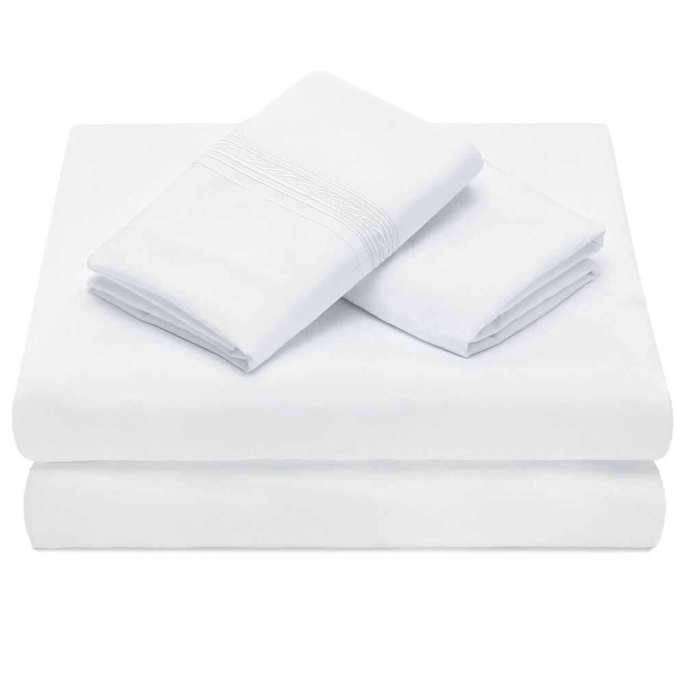 4-Piece Queen Solid Embroidered Sheet Set in White, , large