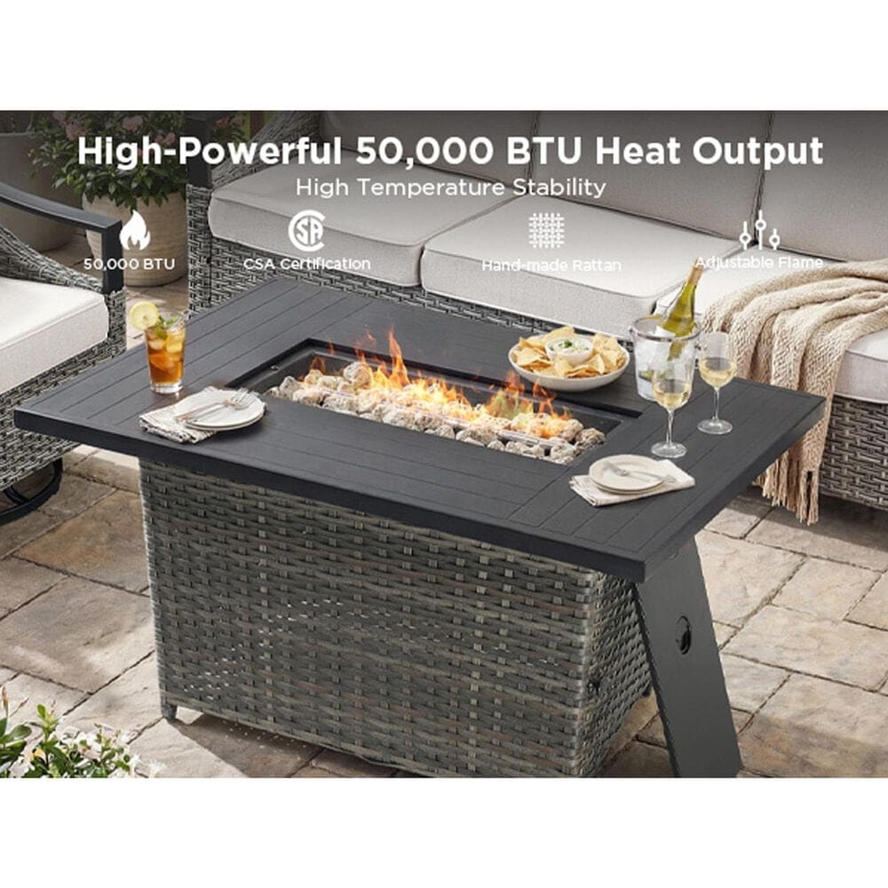 Sunwell Garden 7-Piece Patio Conversation Set with Fire Pit in Beige, , large