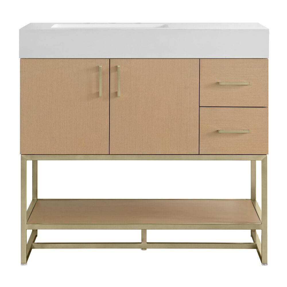 37B Mauri 36" Single Bathroom Vanity with Metal Base in Warm Oak with High-Profile 4" White Composite Stone Top, , large