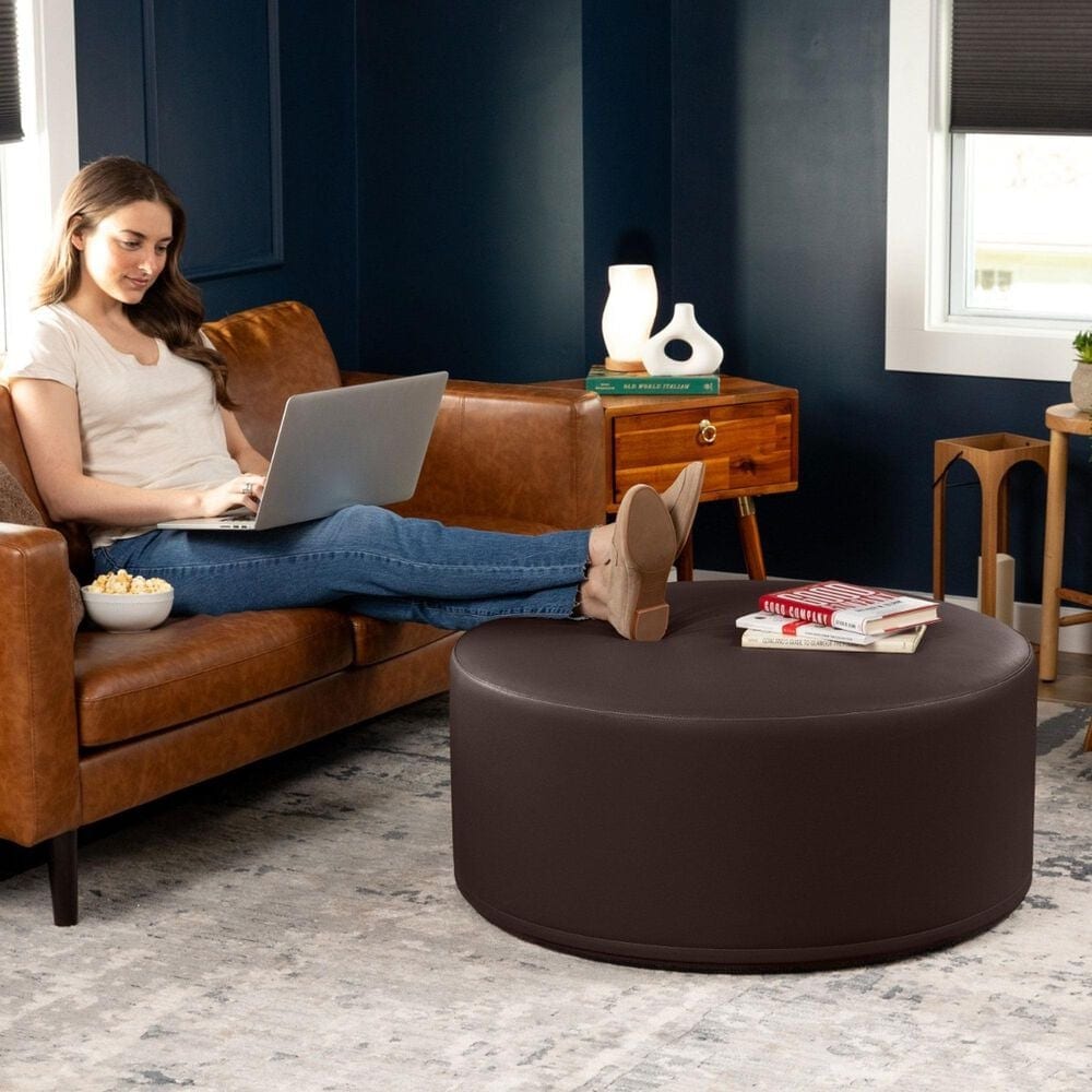 Jaxx Candler Faux Leather Ottoman in Chocolate, , large