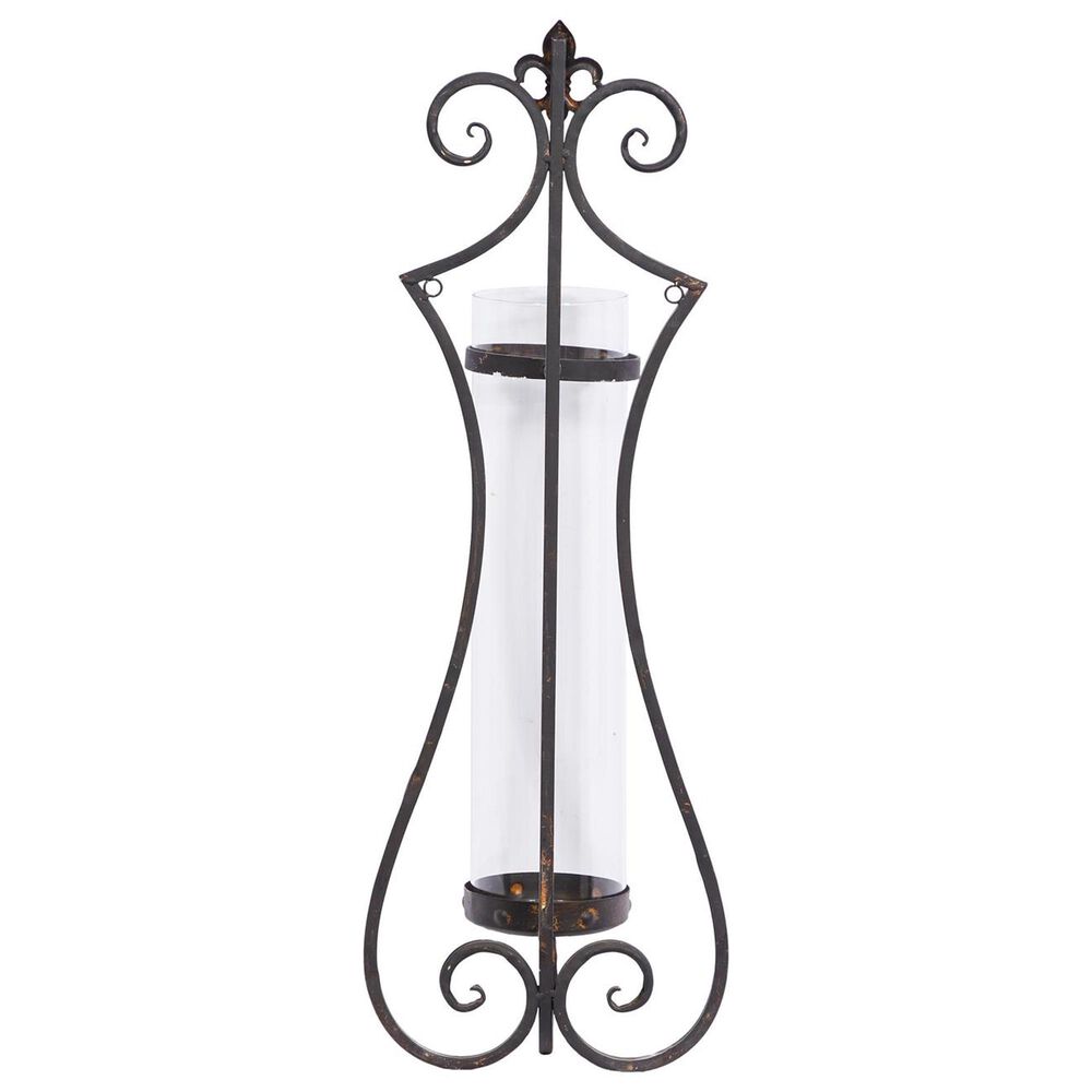 Maple and Jade 31&quot; Single Fleur De Lis Indoor/Outdoor Wall Mount Candle Holder in Weathered Black, Copper and Clear, , large