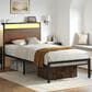 HOMLUX Industrial Twin Platform Bed with LED Headboard and Charging Station in Rustic Brown, , large