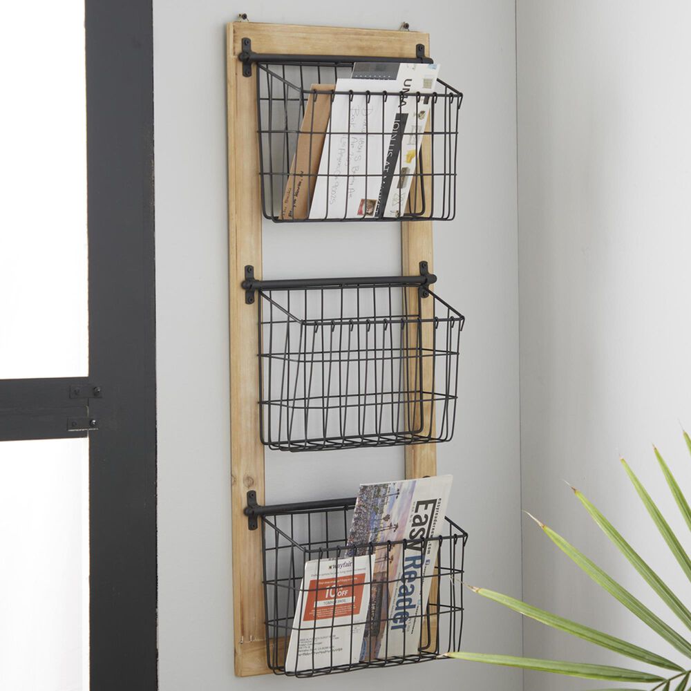 Maple and Jade 3-Slot Decorative Magazine Rack Holder with Suspended Baskets in Matte Black and Brown, , large