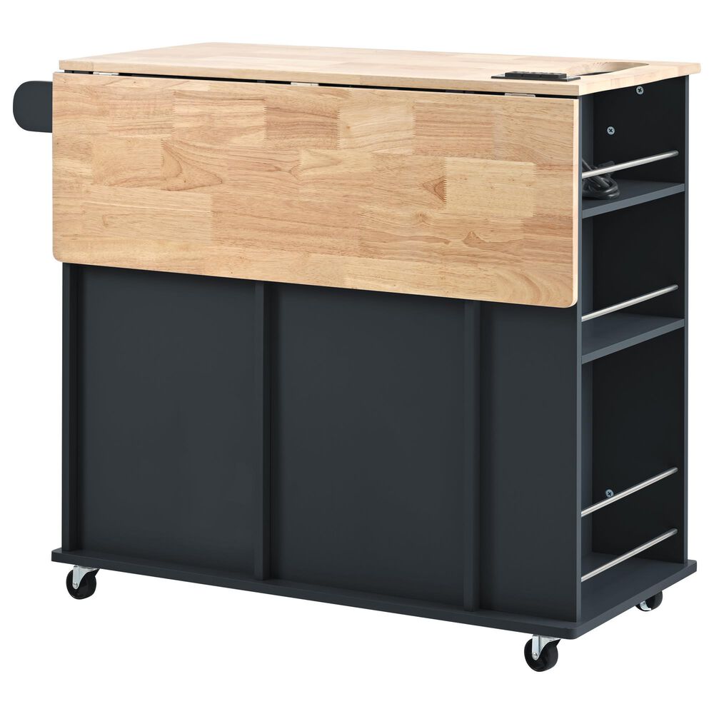HOMLUX Kitchen Island with Power Outlet and Drop Leaf in Black, , large