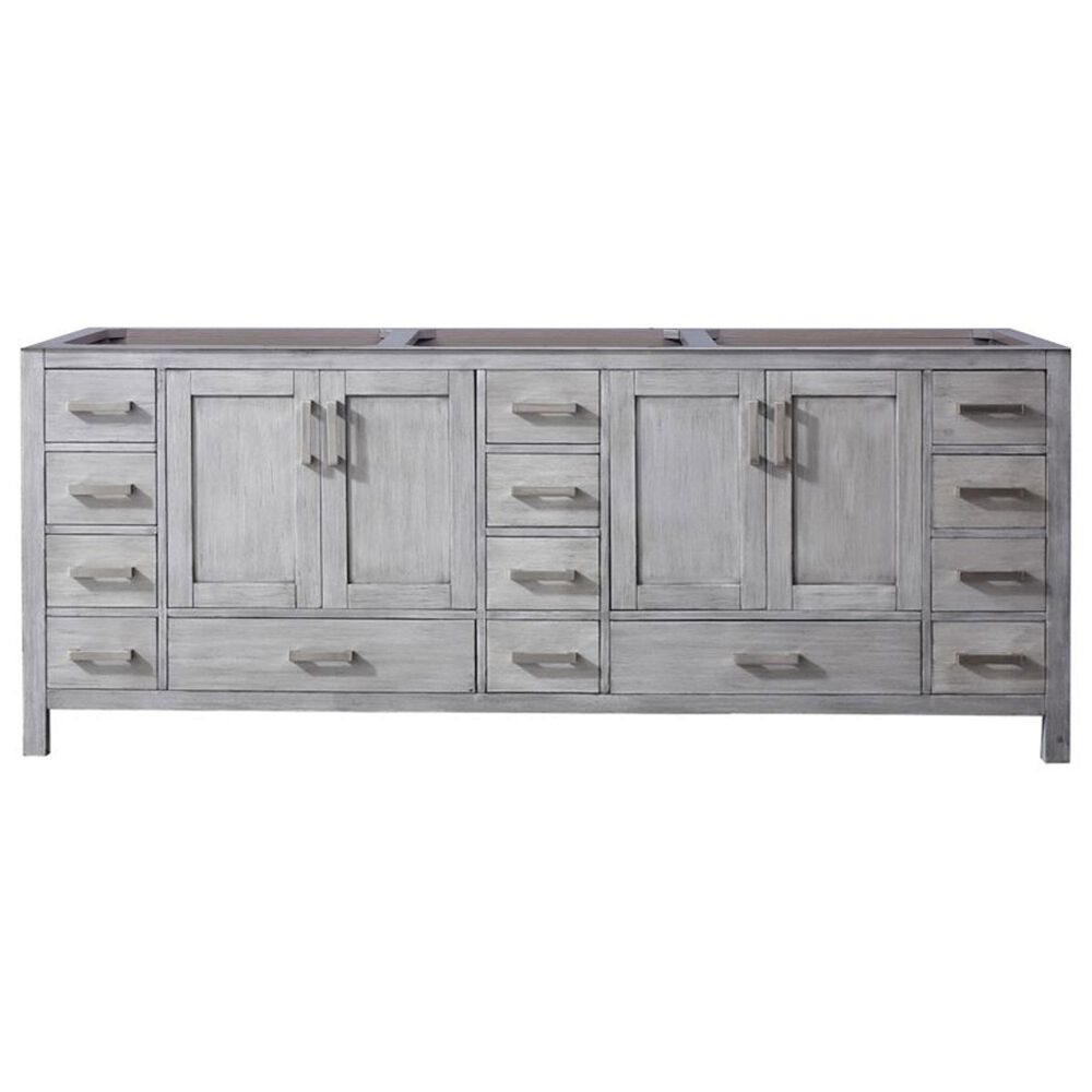 Lexora Home Jacques 84&quot; Double Bathroom Vanity in Distressed Grey with 2 cm White Cultured Marble Top and Rectangular Sinks, , large