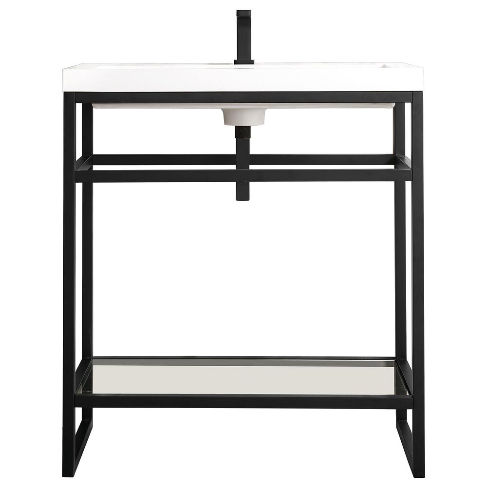 James Martin Vanities Boston 31.5" Single Bathroom Vanity in Matte Black with 3 cm White Glossy Resin Countertop and Rectangular Sink, , large