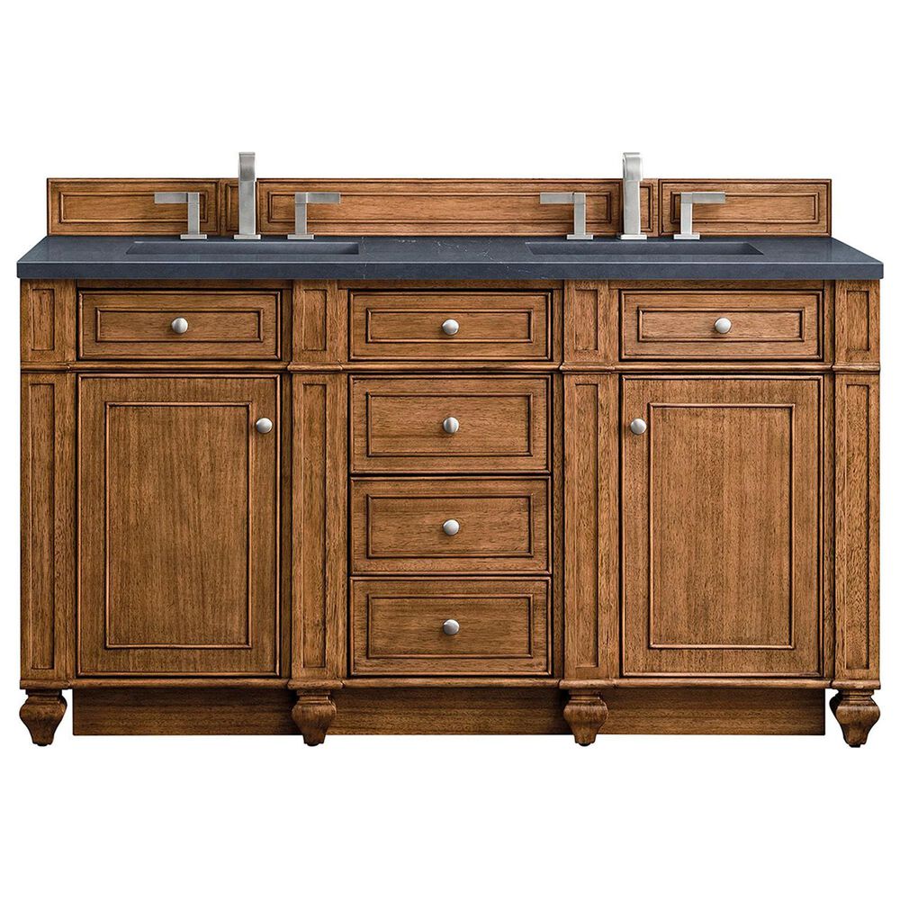 James Martin Vanities Bristol 60" Double Bathroom Vanity in Saddle Brown with 3 cm Charcoal Soapstone Quartz Top and Rectangular Sinks, , large