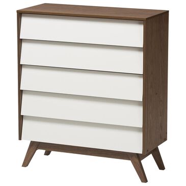 Baxton Studio Hildon 5 Drawer Storage Chest in White/"Walnut" Brown, , large