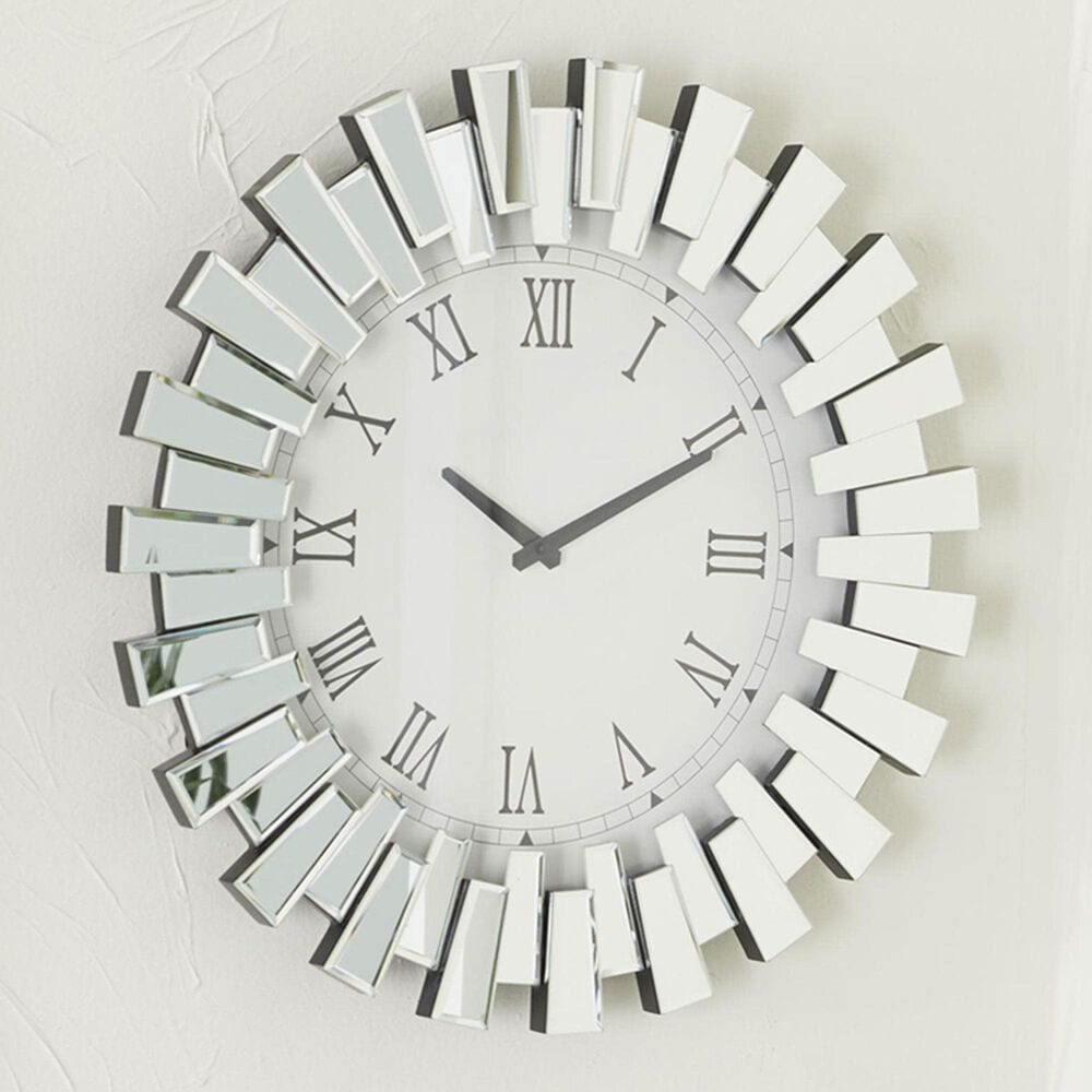 Maple and Jade Starburst Mirrored Decorative Wall Clock in Silver, , large