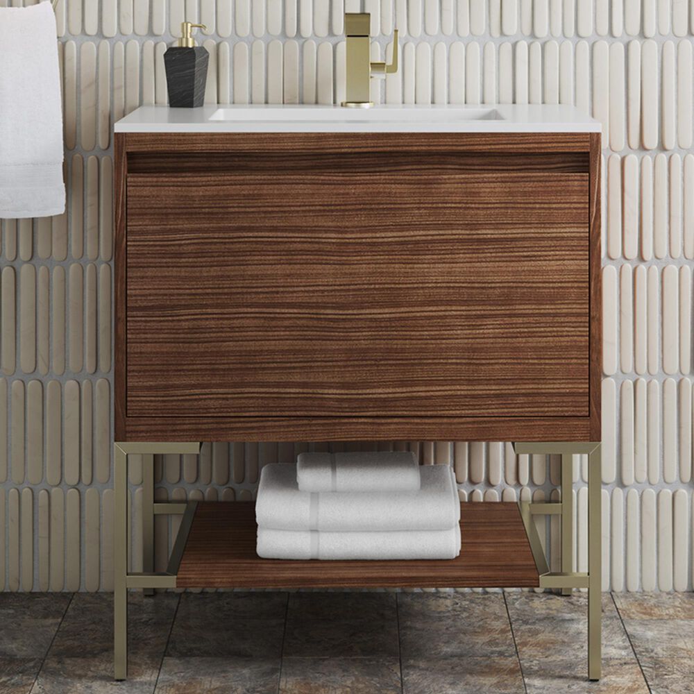 James Martin Vanities Mantova 31.5&quot; Single Vanity in Mid-Century Walnut and Champagne Brass with 3 cm Glossy White Composite Stone Top and Rectangular Sink, , large
