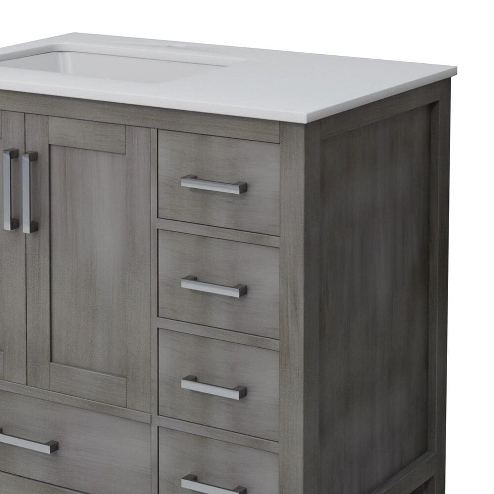 Lexora Home Jacques 36" Left Offset Single Bathroom Vanity in Distressed Grey with 2 cm White Quartz Top and Rectangular Sink, , large