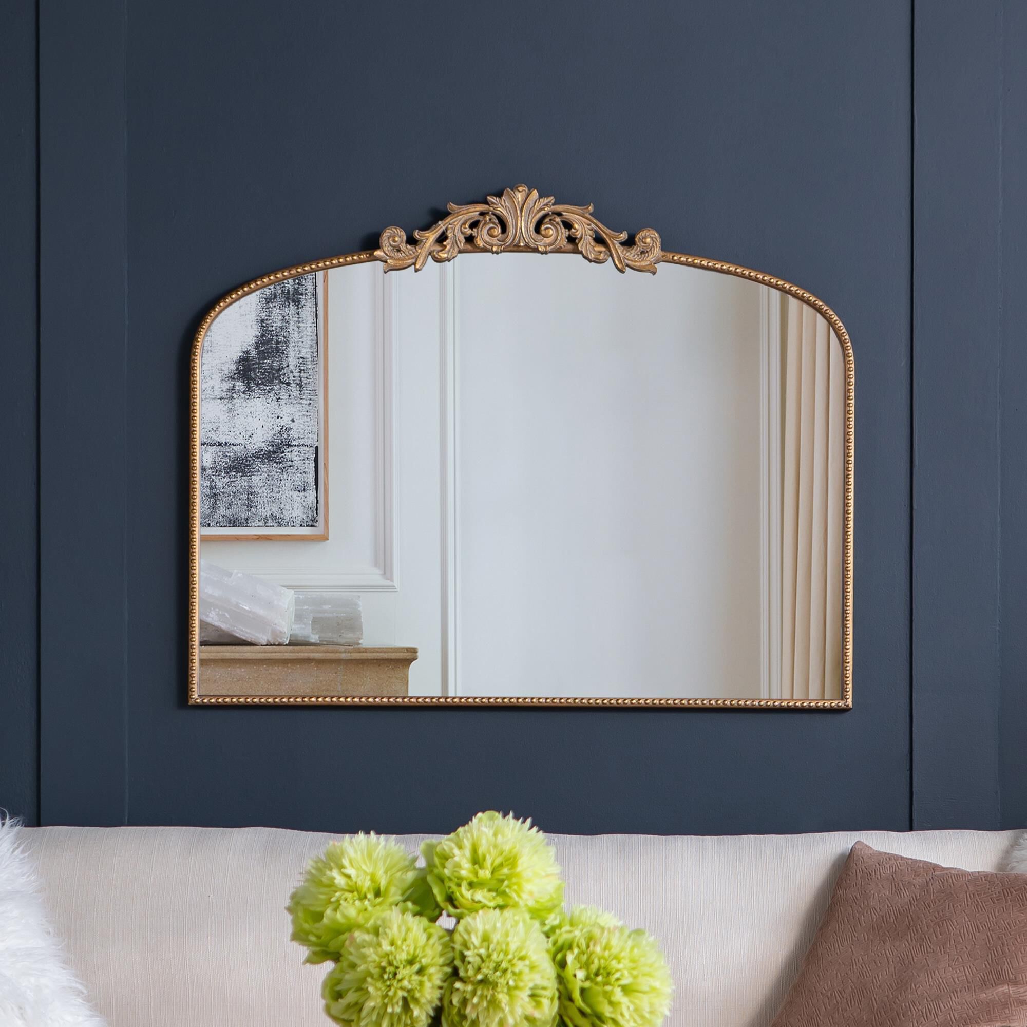 Hearth and Haven Arch Wall Mirror with Baroque Inspired Frame in Gold