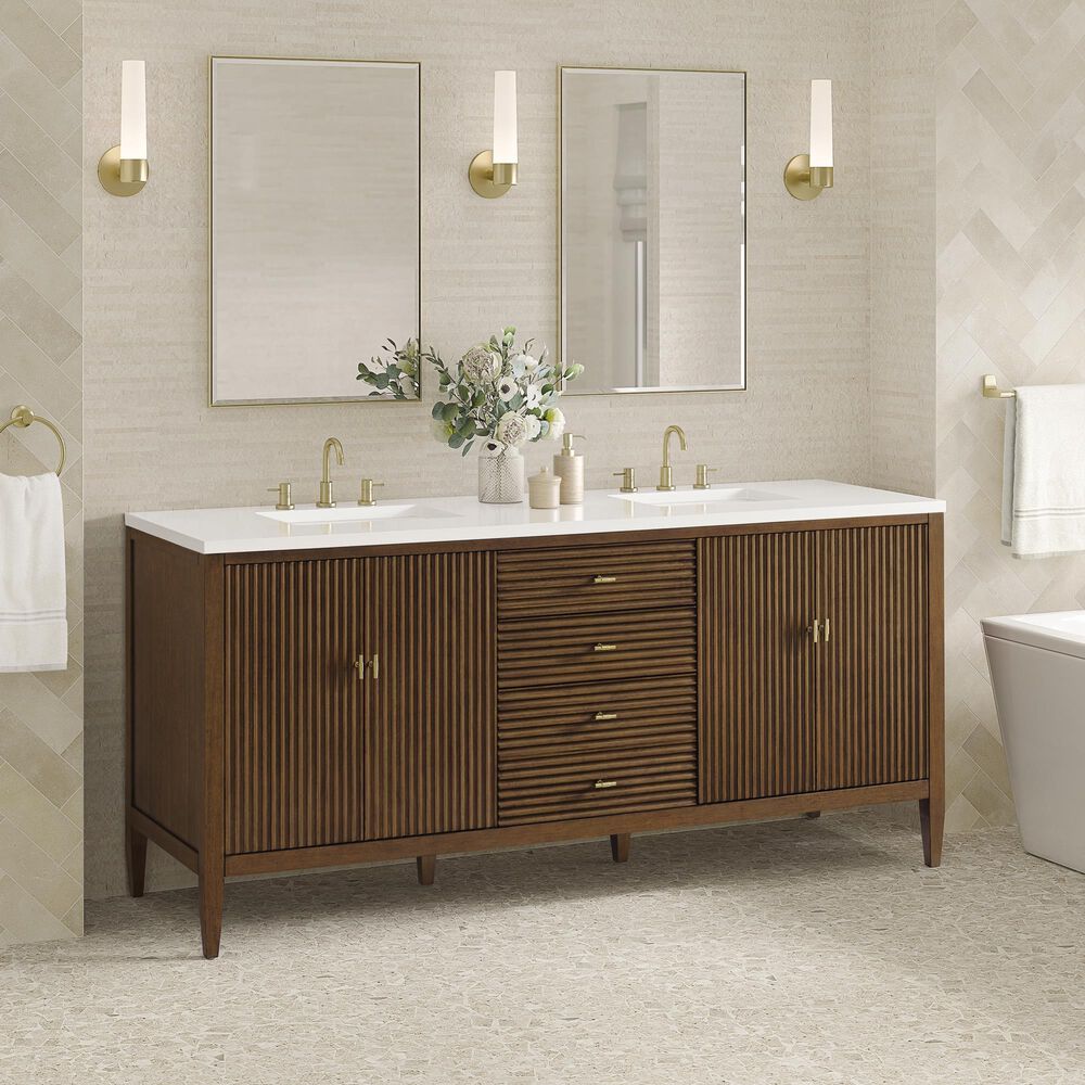 James Martin Vanities Myrrin 72&quot; Double Vanity in Mid-Century Walnut with 3 cm White Zeus Quartz Top, , large
