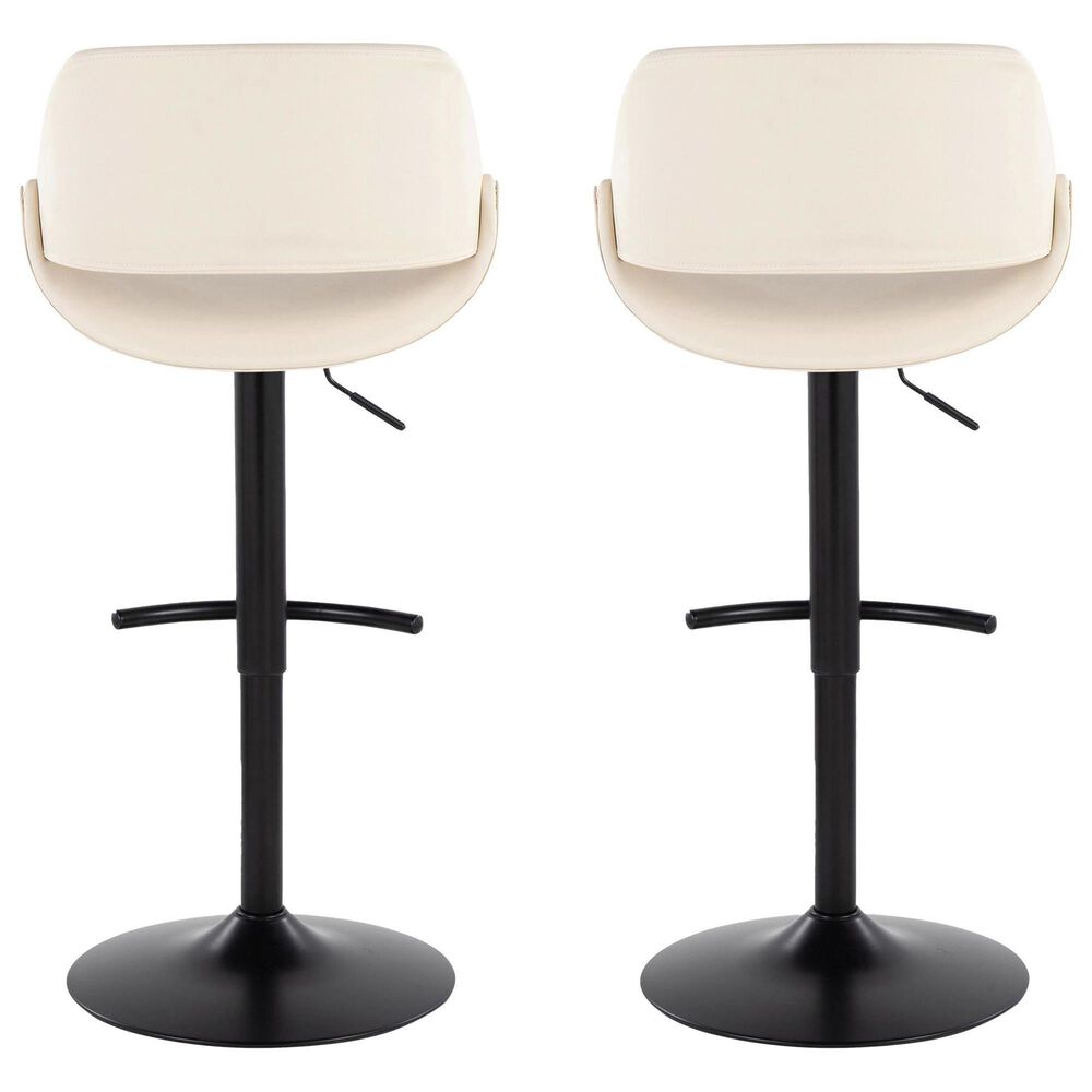 LumiSource Fabrico Swivel Adjustable Bar Stool with Cream Faux Leather Upholstery and Rounded T Footrest in Black (Set of 2), , large