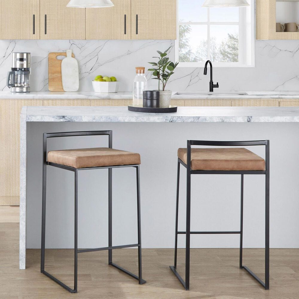 LumiSource Fuji 26" Stacker Counter Stool with Brown Cowboy Upholstery in Black (Set of 2), , large