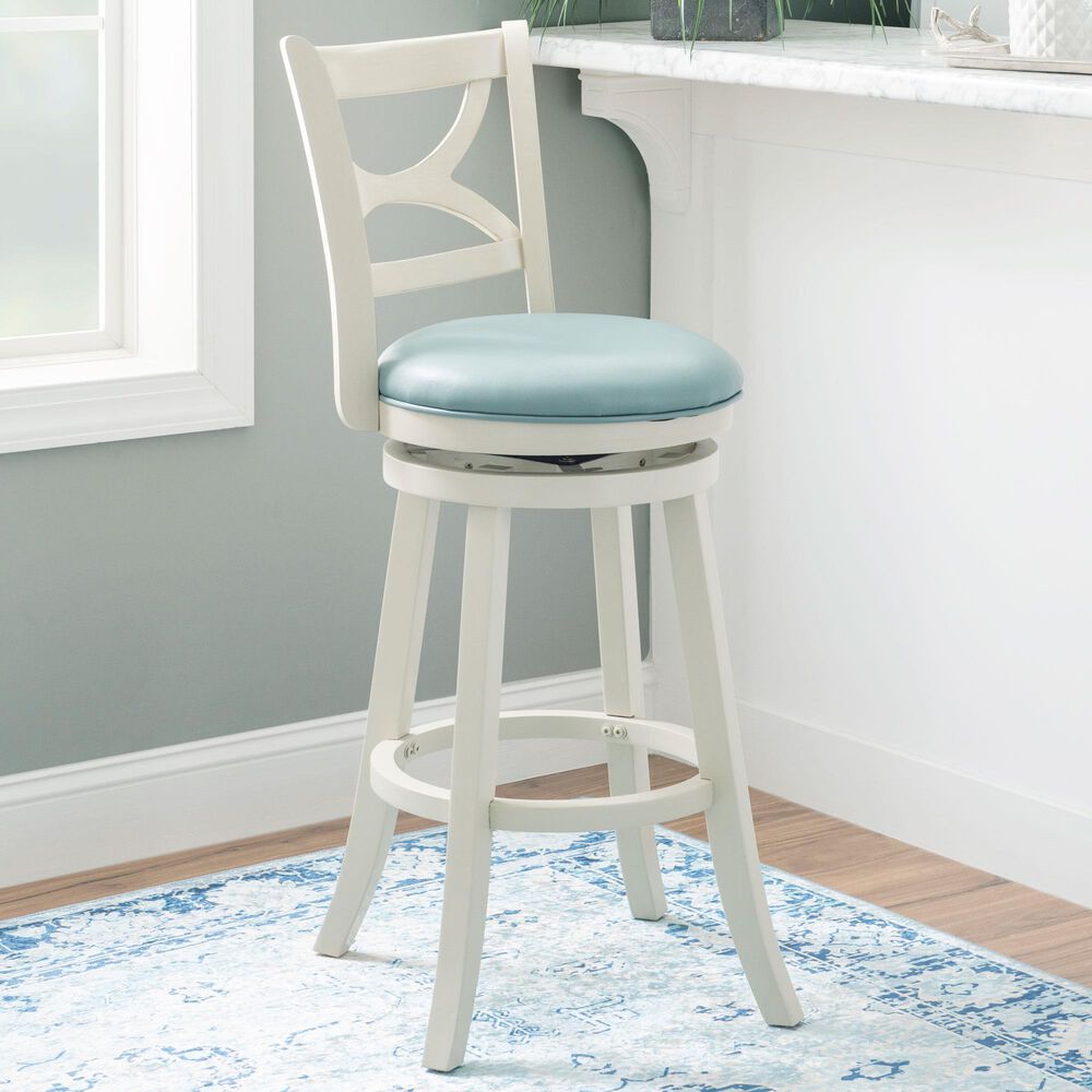 Linon Home Decor Sawyer Swivel Bar Stool with Sky Blue Cushion in Cream, , large