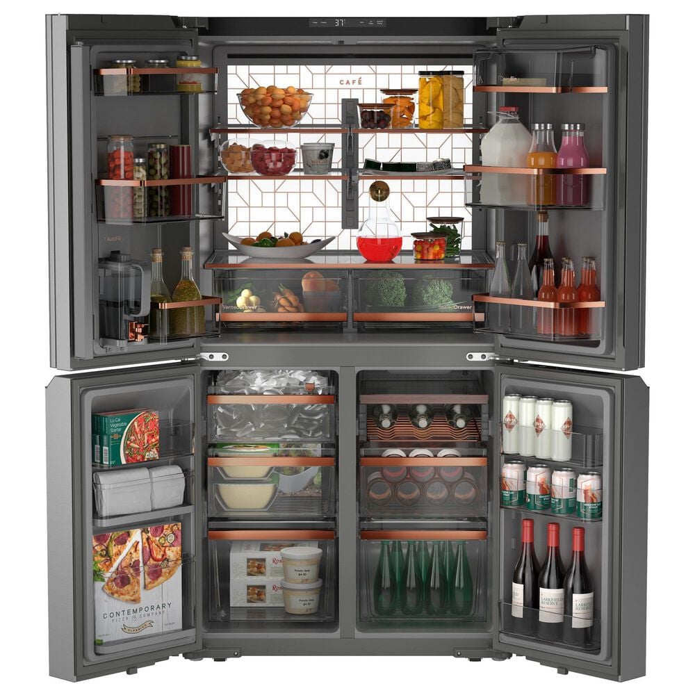 Cafe 28.3 Cu. Ft. Smart Quad Door Refrigerator with Dual Dispense AutoFill Pitcher in Platinum Glass, , large