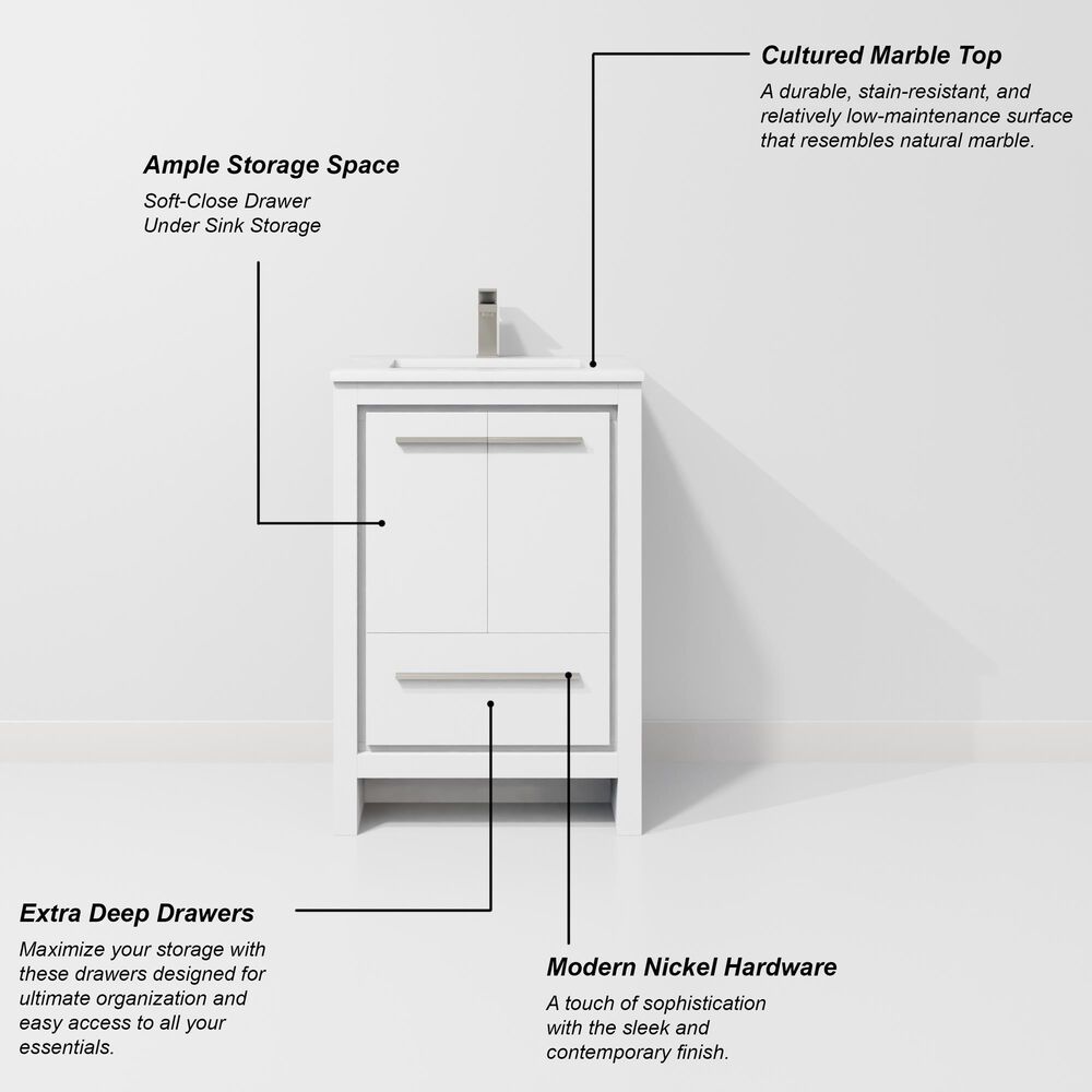 Lexora Home Lafarre 24" Single Bathroom Vanity in White with 2 cm White Cultured Marble Top and Rectangular Sink, , large