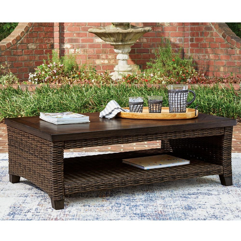 Ashley Monterey Point Rectangular Outdoor Cocktail Table in Dark Brown, , large