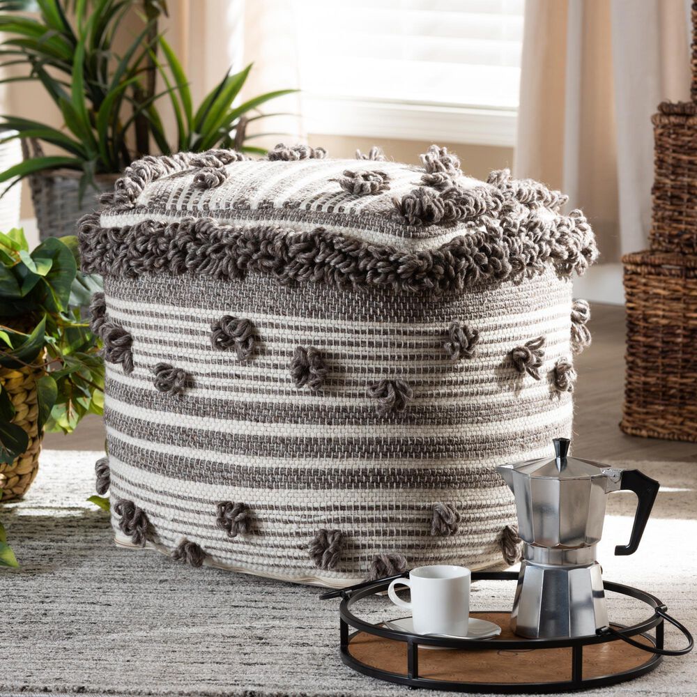 Baxton Studio Eligah Pouf in Ivory and Brown, , large