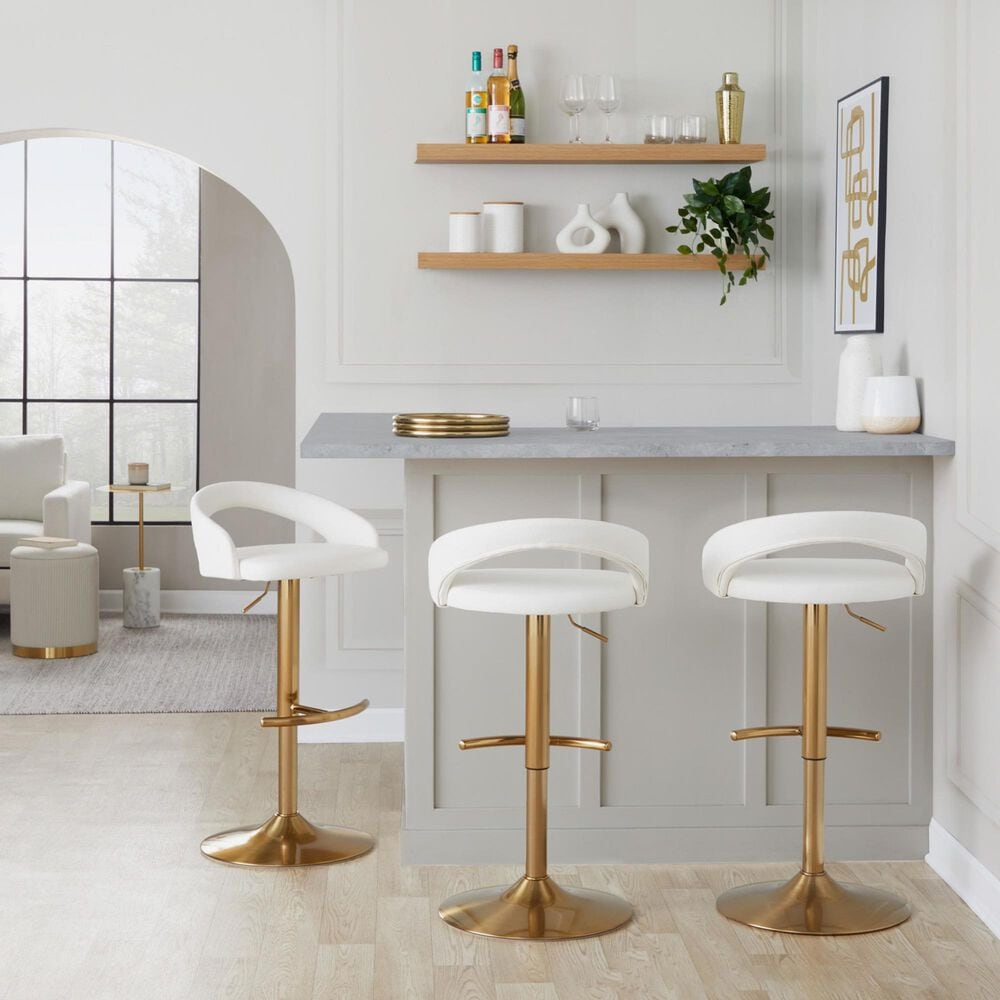 LumiSource Grotto Adjustable Bar Stool with White Faux Leather Upholstery in Gold (Set of 2), , large