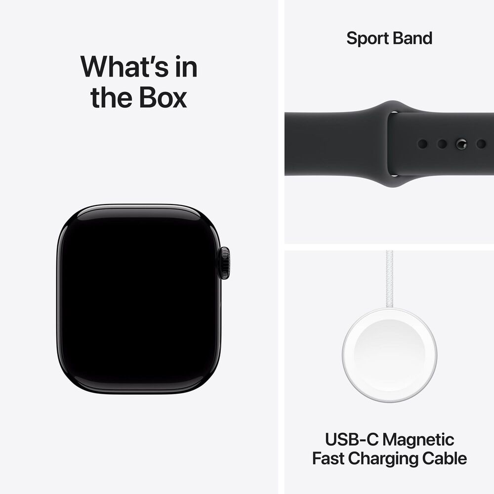 Apple Watch Series 11 (GPS) 42mm Aluminum Case with Black Sport Band - M/L in Jet Black and 2-Year AppleCare+, , large