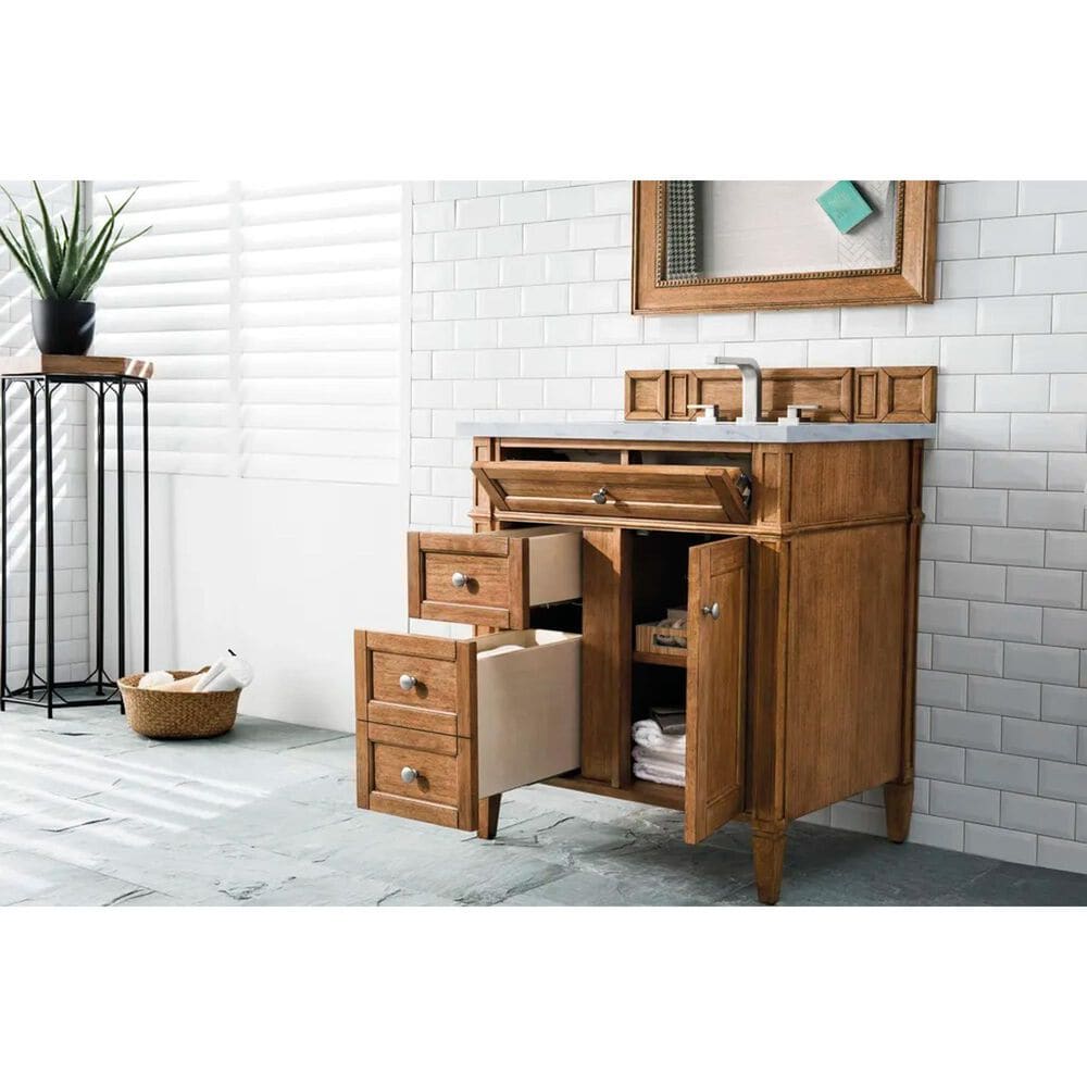 James Martin Vanities Brittany 30&quot; Single Bathroom Vanity in Saddle Brown with 3 cm Carrara White Marble Top and Rectangle Sink, , large