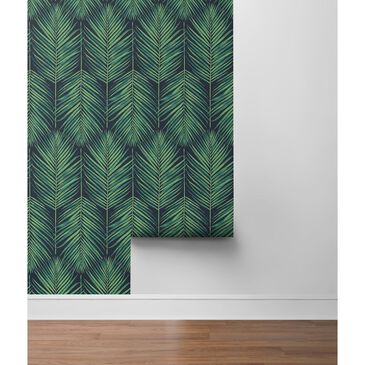 NextWall Tropic Palm 216" x 20.5" Peel and Stick Wallpaper in Midnight Blue and Sea Green, , large