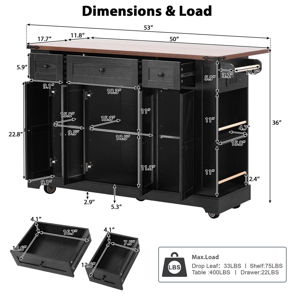HOMLUX 53" Kitchen Island with Two Tempered Glass Cabinet Door in Black, , large