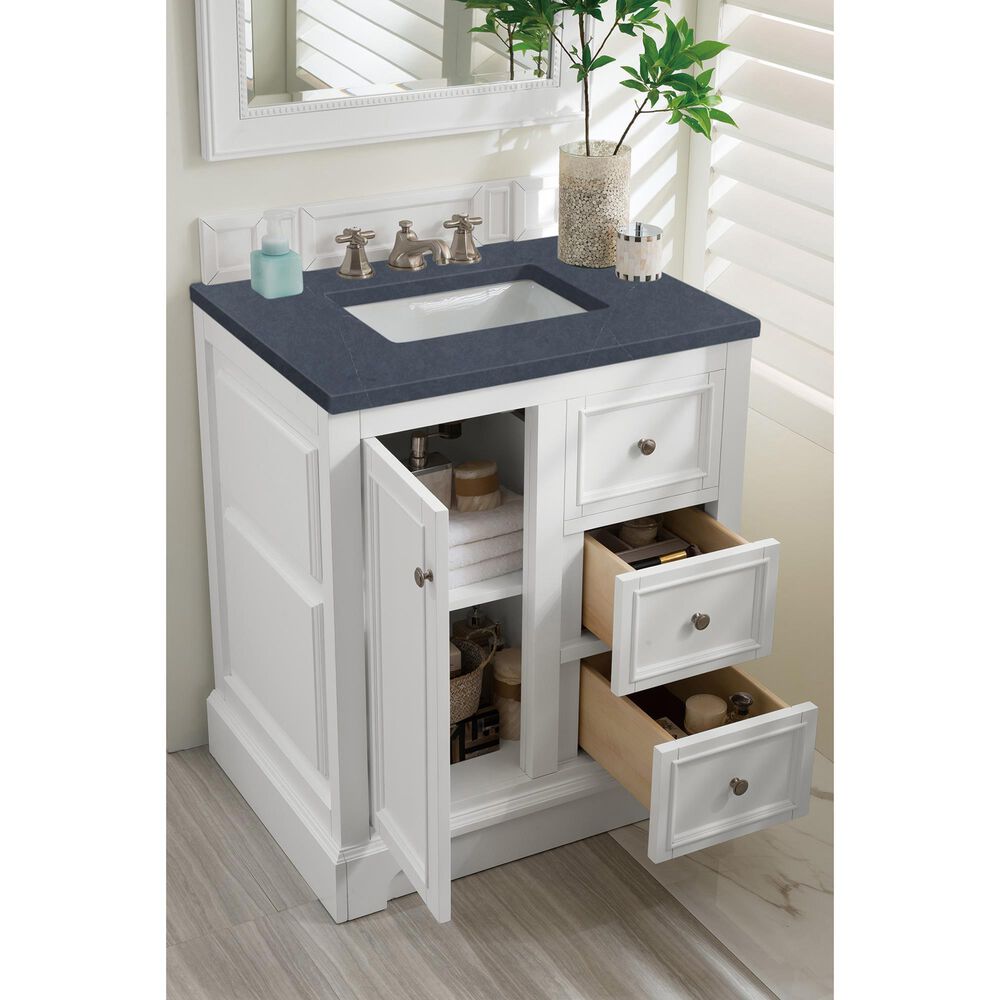 James Martin Vanities De Soto 30&quot; Single Bathroom Vanity in Bright White with 3 cm Charcoal Soapstone Quartz Top and Rectangular Sink, , large