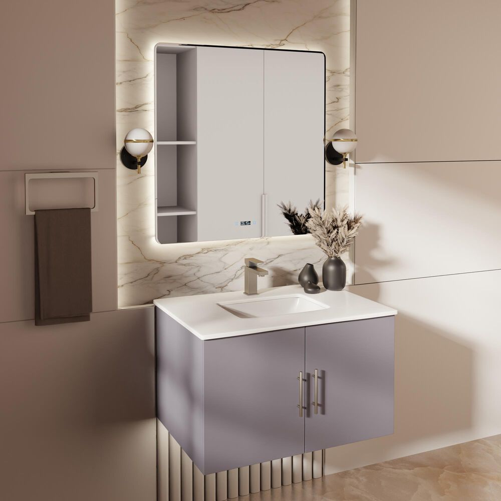 Lexora Home Geneva 30" Single Bathroom Vanity in Dark Grey with 2 cm White Cultured Marble Top and Rectangular Sink, , large