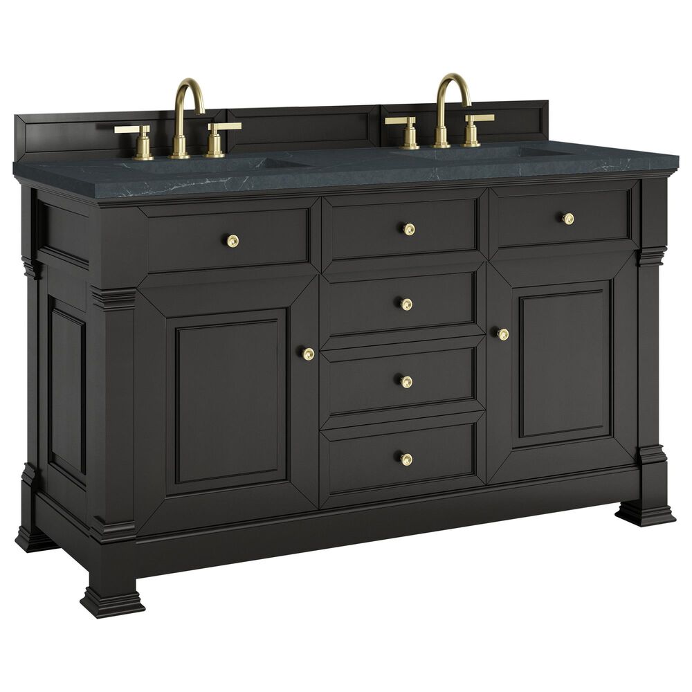 James Martin Vanities Brookfield 60" Double Bathroom Vanity in Black Onyx with 3 cm Charcoal Soapstone Quartz Top and Rectangular Sinks, , large