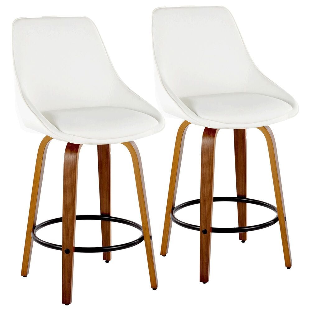 LumiSource Diana 26" Swivel Counter Stool with White Faux Leather Upholstery in Walnut and Black (Set of 2), , large