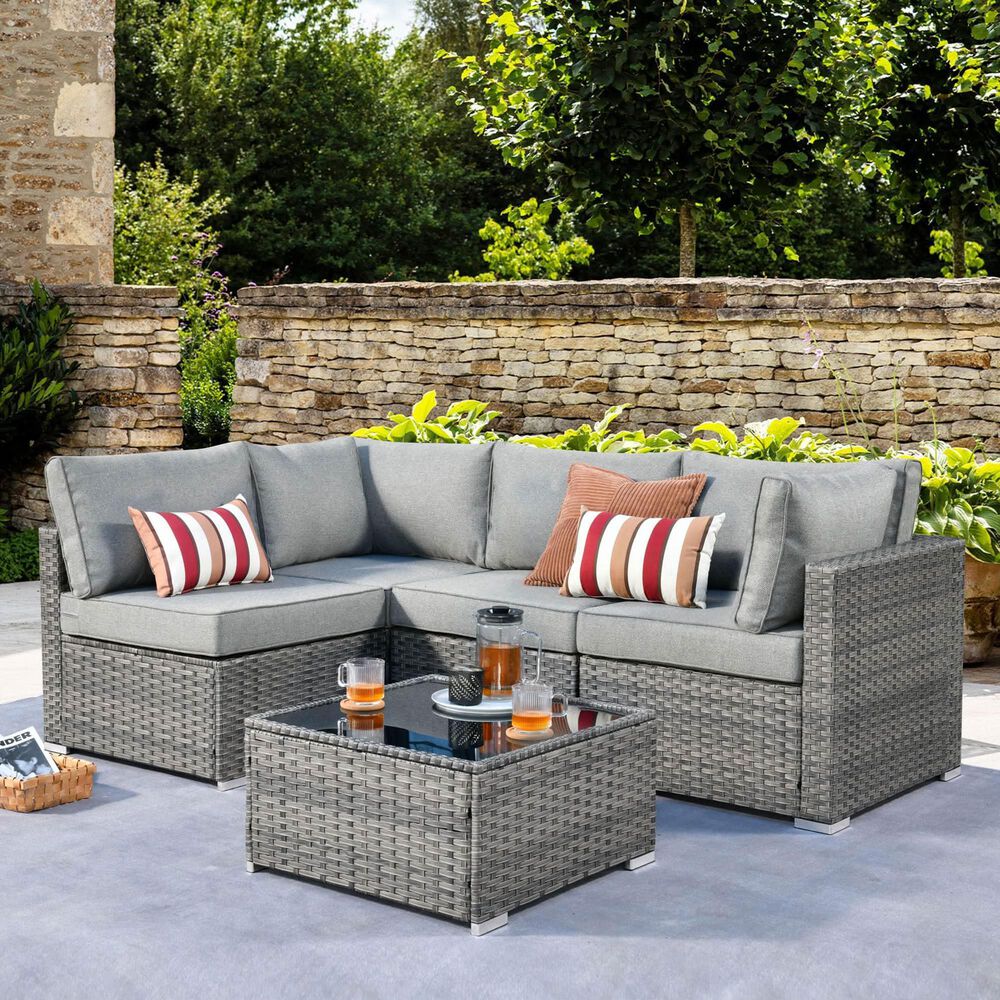 HOMLUX 5-Piece Patio Conversation Set with Grey Wicker in Dark Gray, , large