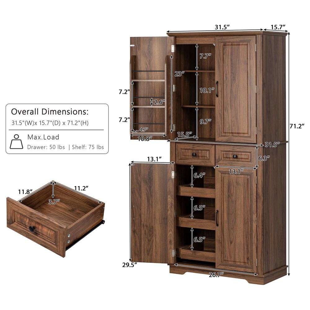 HOMLUX 71" Tall Kitchen Pantry Cabinet with 3 Pull Out Cabinet Organizers in Brown, , large