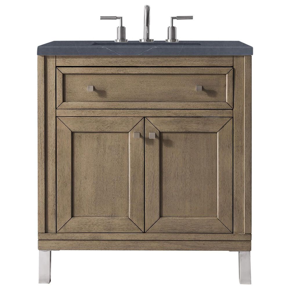 James Martin Vanities Chicago 30" Single Bathroom Vanity in Whitewashed Walnut with 3 cm Charcoal Soapstone Quartz Top and Rectangular Sink, , large