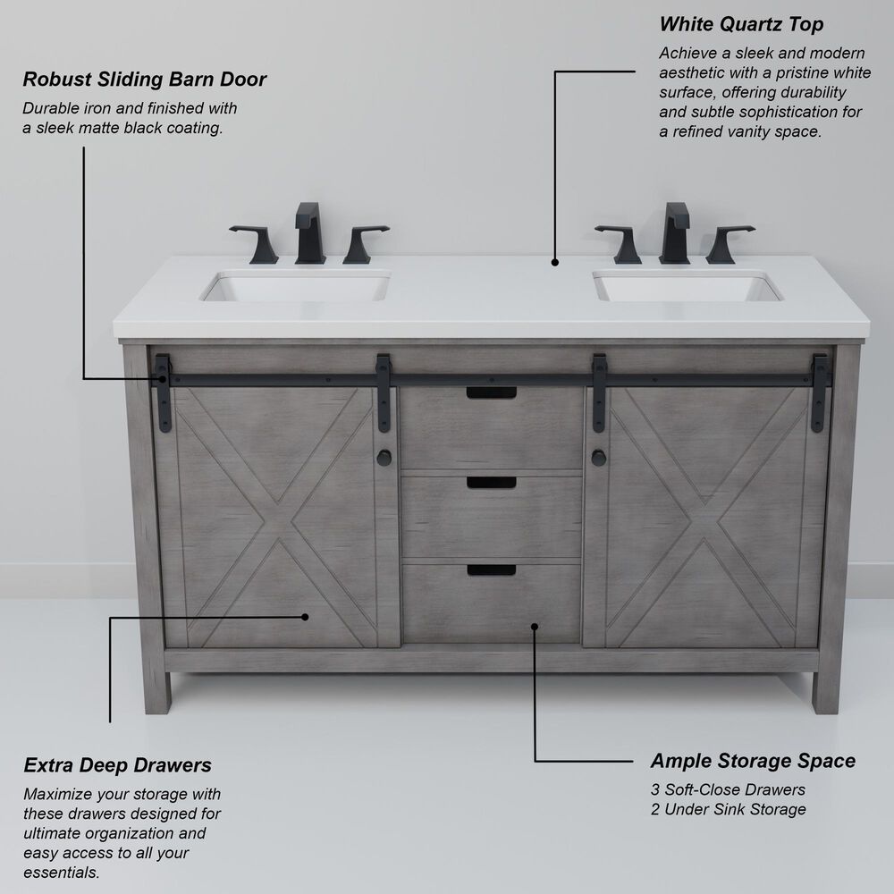 Lexora Home Marsyas 60" Double Bathroom Vanity in Ash Grey with White Quartz Top and Rectangular Sinks, , large
